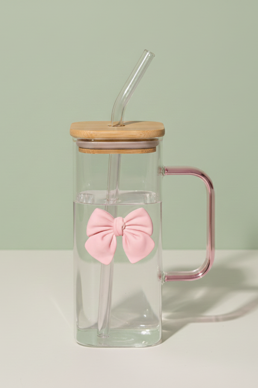 Pink Bow Square Glass Tumbler with Bamboo Lid