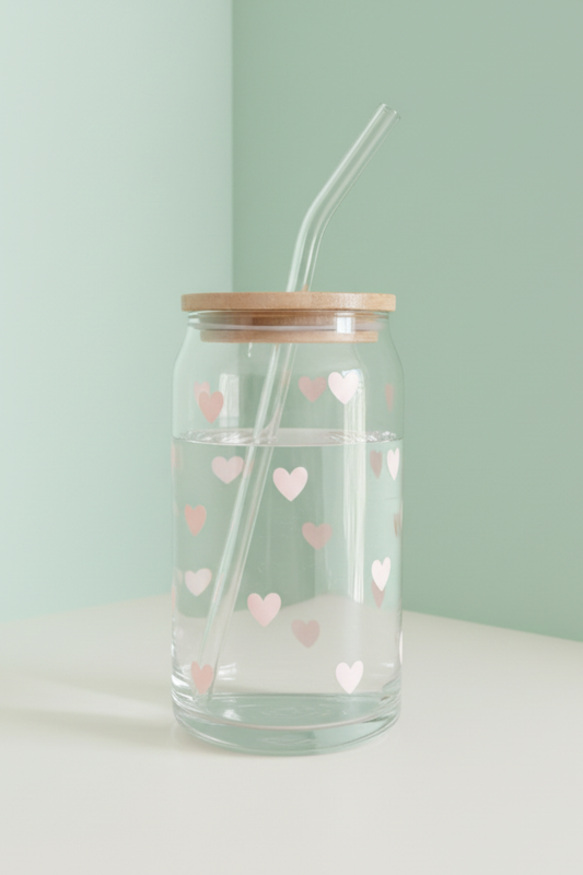Pink Heart Glass Cup with Bamboo Lid & Straw