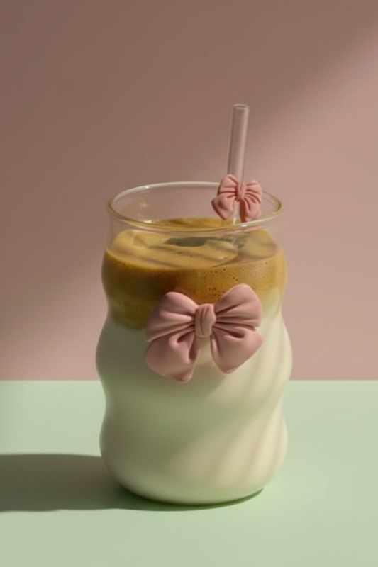 Curvy Glass Tumbler with Pink Bows & Straw